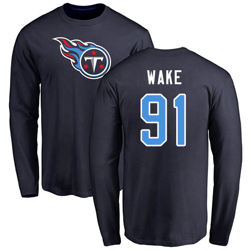 Tennessee Titans Men Navy Blue Cameron Wake Name and Number Logo NFL Football #91 Long Sleeve T Shirt